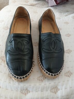 Authentic Chanel Black Leather Espadrille Slip-Ons